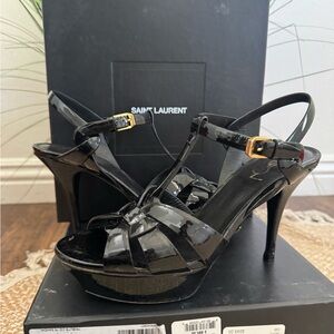 Saint Laurent Glossy Black Strappy Heels